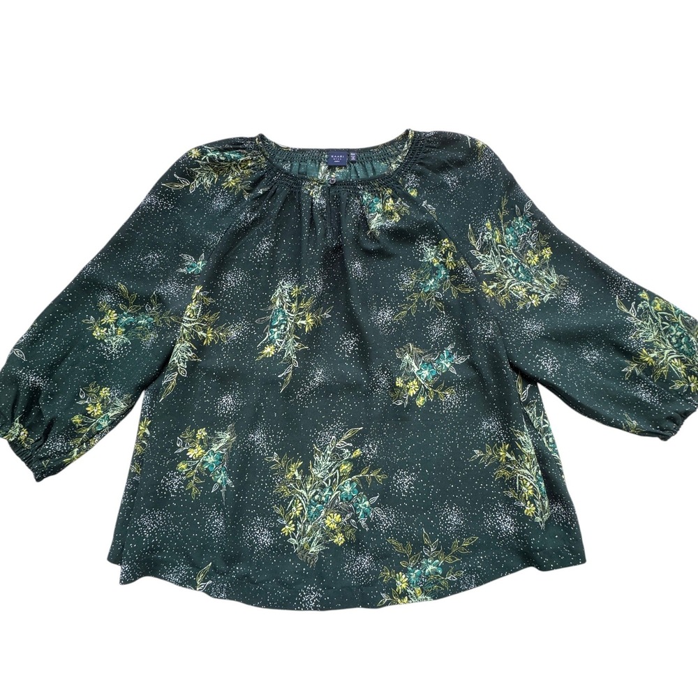 Kaari Blue Curvy Green Floral Blouse Womens 0X Smocked Neck Keyhole Long Sleeve - Picture 10 of 11